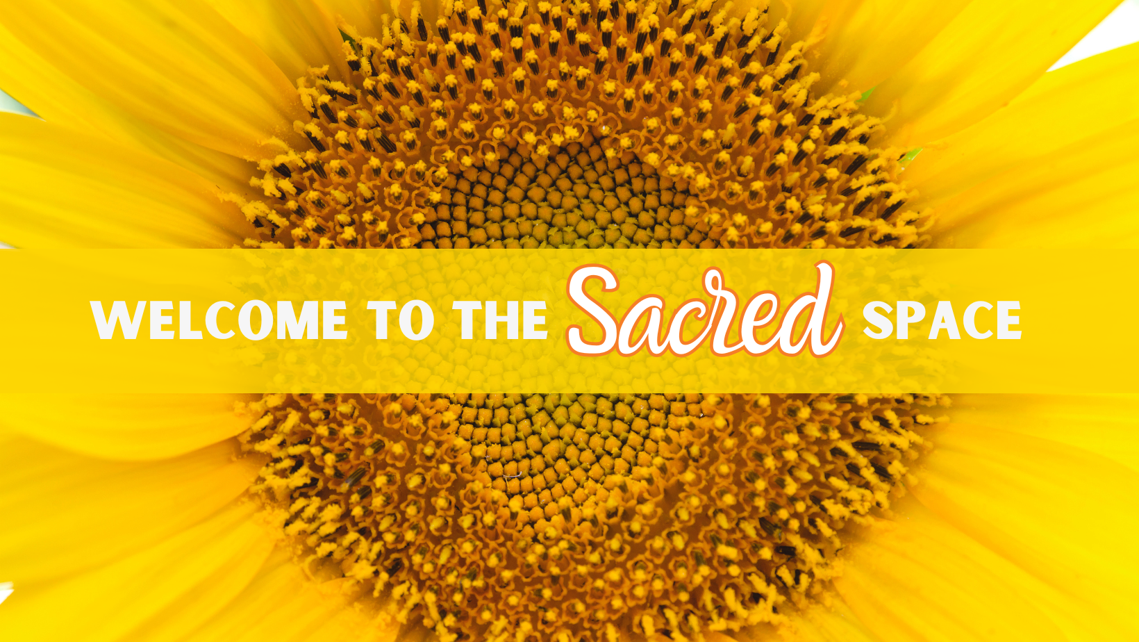 Close-up of a vibrant sunflower with bright yellow petals and a detailed center. Overlaid text reads, "Welcome to the Sacred Space" in a combination of bold and cursive fonts.