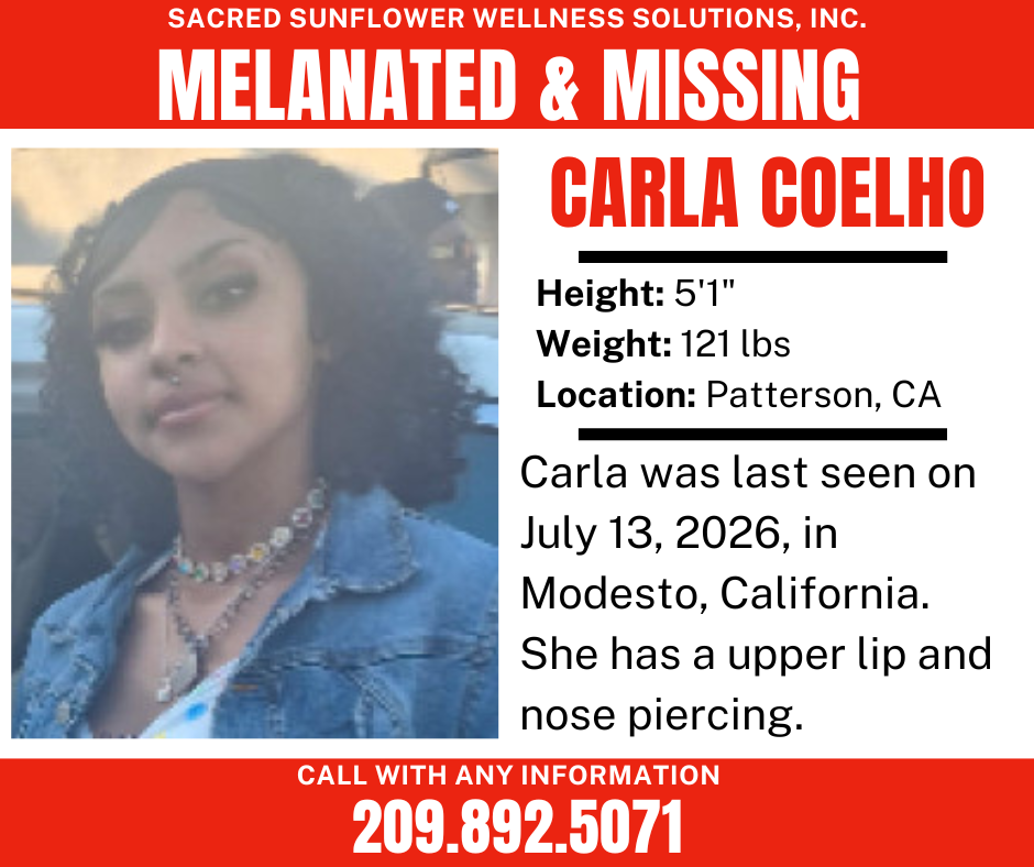 Missing person flyer for Carla Coelho, 5′1″, 121 lbs, last seen July 13, 2026, in Modesto, CA. She has an upper lip and nose piercing. Contact 209-892-5071 if seen. Features her photo and details.
