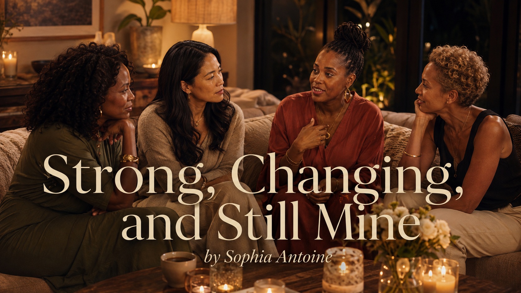Four women sit together on a couch in a cozy, warmly lit living room, engaged in conversation. Decorative candles, flowers, and drinks are on the table. Text reads, “Strong, Changing, and Still Mine by Sophia Antoine.”.