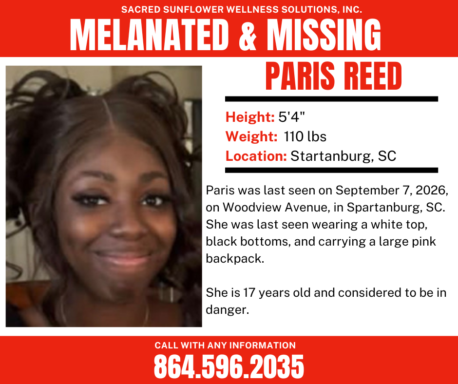 Missing person flyer for Paris Reed, age 17, last seen in Spartanburg, SC. Shows her smiling, with styled hair, wearing a white top. Includes contact number 864-596-2035 for information.