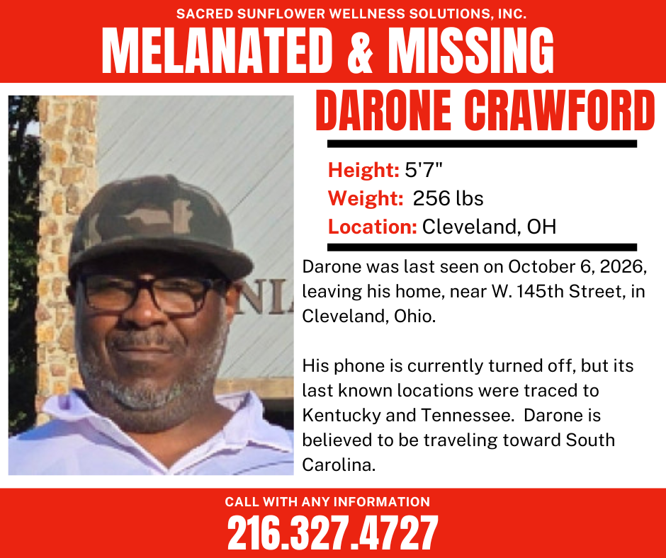 Missing person flyer for Darone Crawford, 5′7″, 256 lbs, last seen October 6, 2026, in Cleveland, Ohio. Includes contact number 216.327.4727.